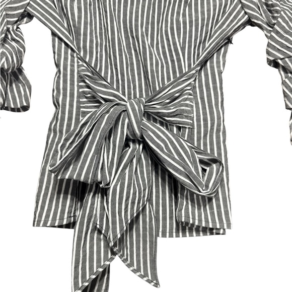 White House Black Market Black & White Striped Blouse with Ruffle Sleeves - Picture 4 of 4